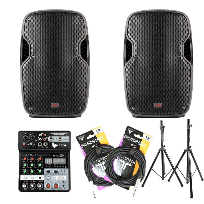 HH Electronics HPX112 Speakers with Trumix MX4 Mixer and Stands full view