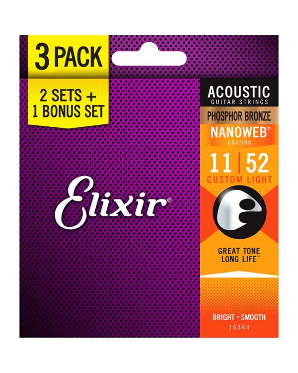 Elixir 3 for 2 NANOWEB Phosphor Bronze Strings, Custom Light .011-.052