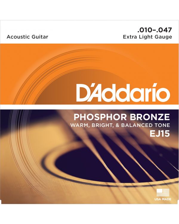 DAddario EJ15 Phosphor Bronze Guitar Strings, Extra Light, 10-47