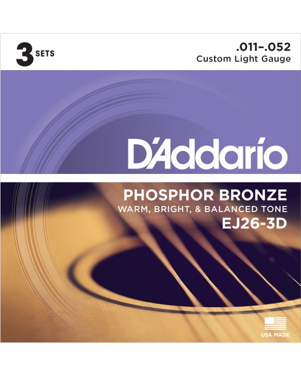 DAddario EJ26-3D Acoustic Guitar Strings, Custom Light, 11-52, 3 Sets