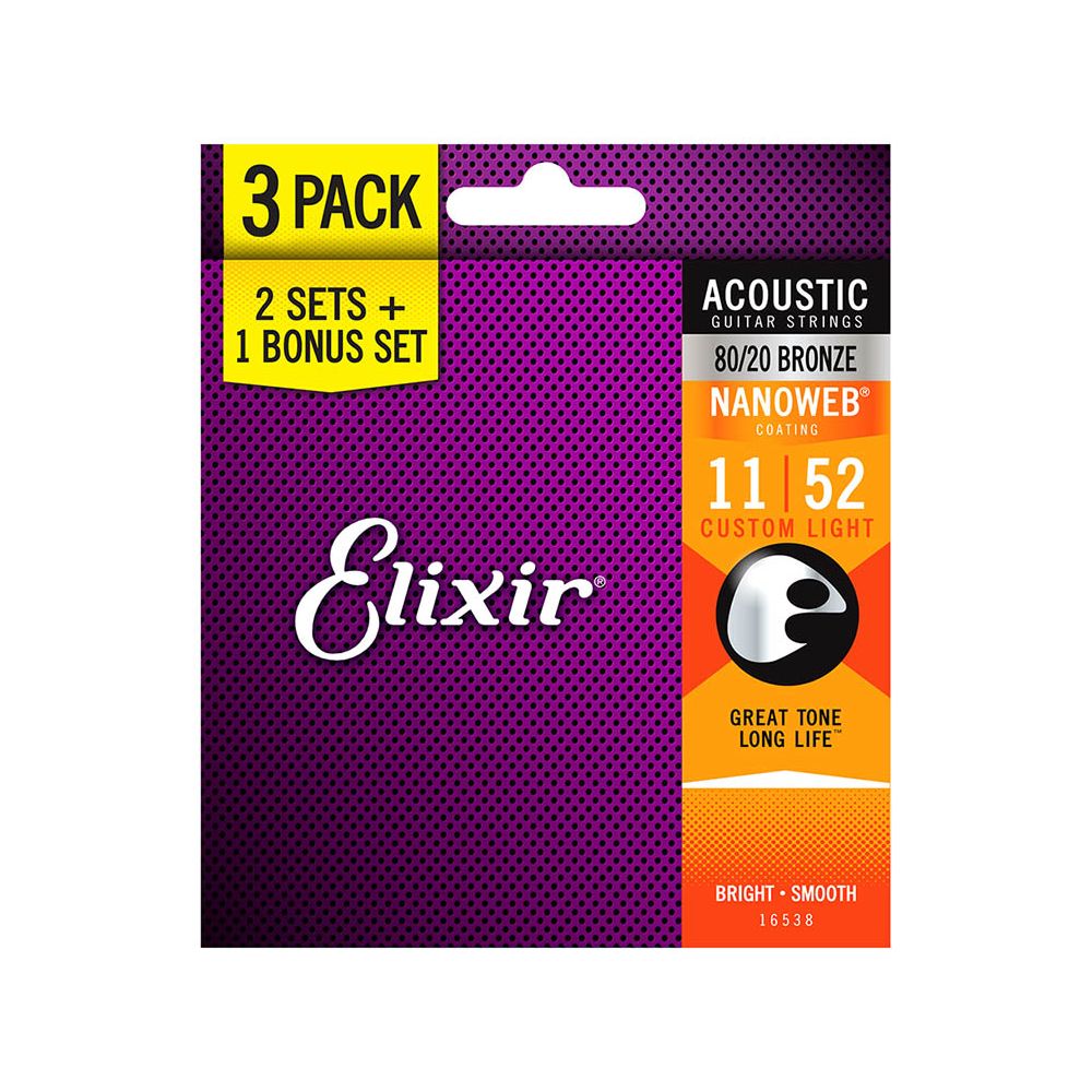 Elixir 80 20 Nano Custom Light Bronze Acoustic Guitar Strings 3