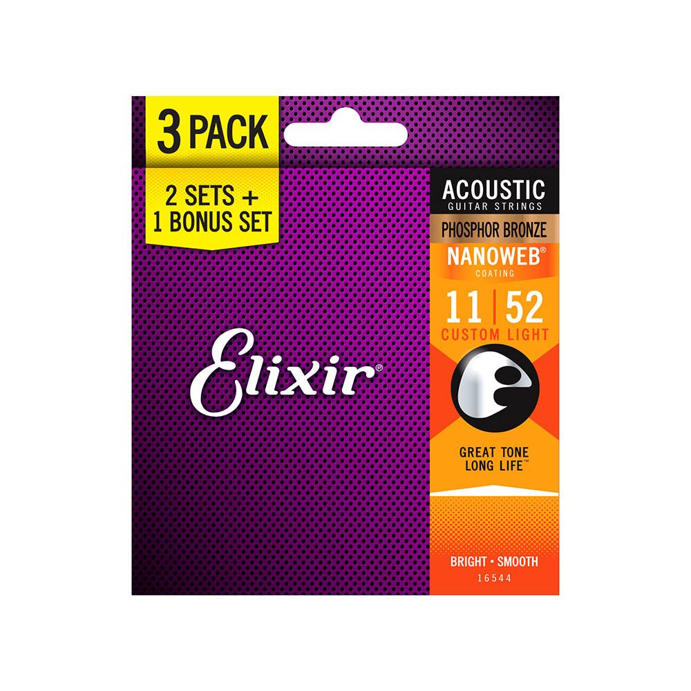 Elixir 3 for 2 NANOWEB Phosphor Bronze Strings Custom Light .011 .052