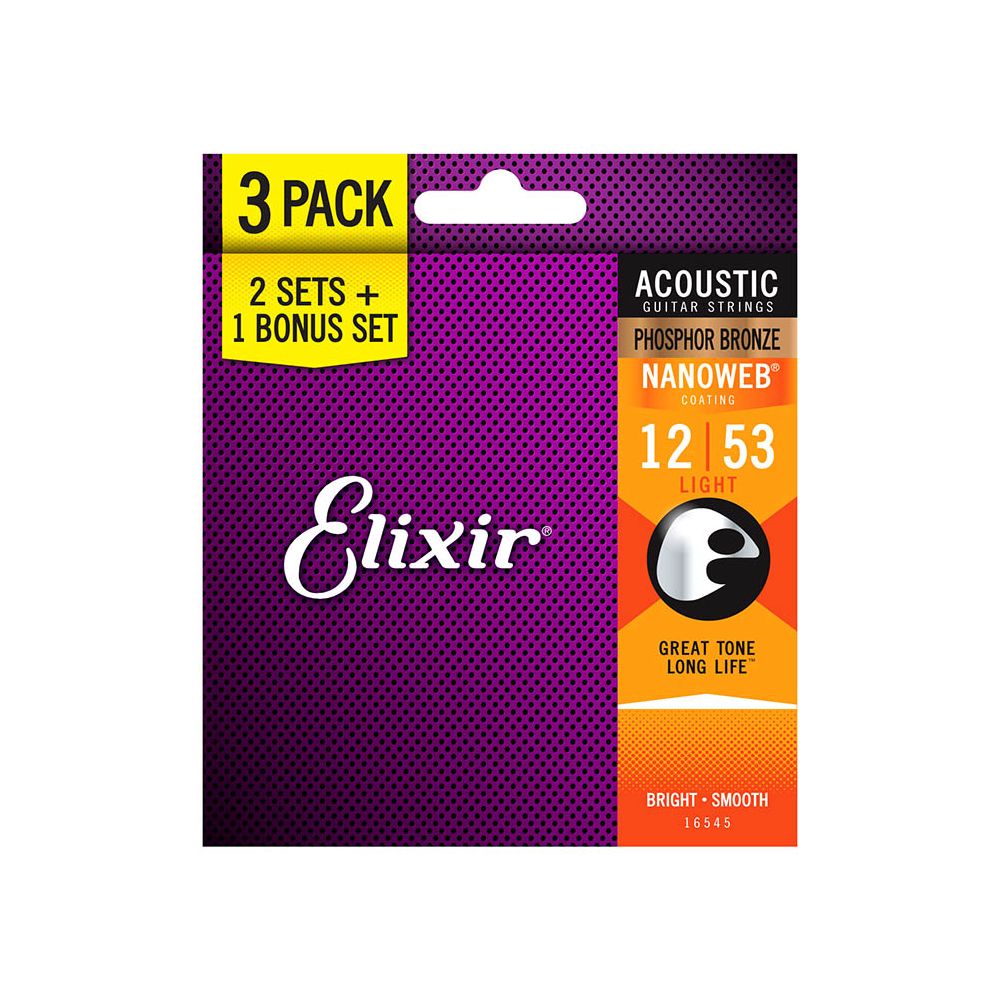 Elixir Phosphor Bronze Nanoweb Light Acoustic Guitar Strings 3 for