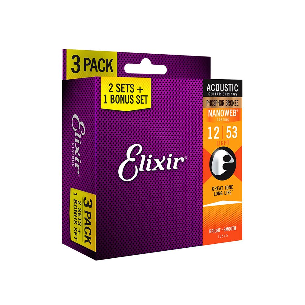 Elixir Phosphor Bronze Nanoweb Light Acoustic Guitar Strings 3 for